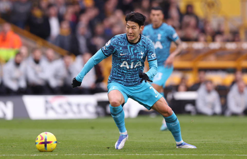 WOLVERHAMPTON, ENGLAND - MARCH 04: Heung-Min Son of Tottenham Hotspur during the Premier League match between Wolverhampton Wanderers and Tottenham Hotspur at Molineux on March 04, 2023 in Wolverhampton, England. (Photo by Tottenham Hotspur FC/Tottenham Hotspur FC via Getty Images)