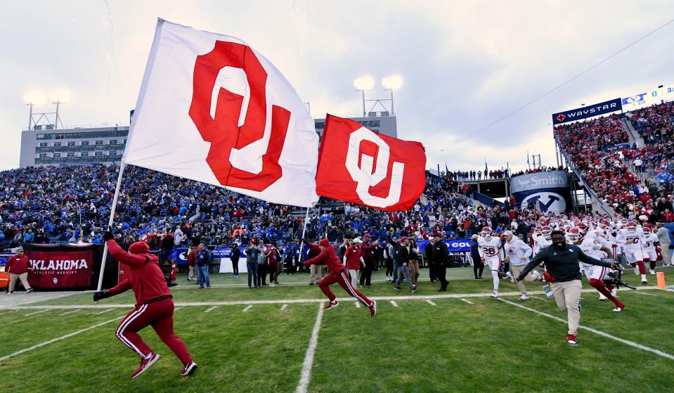 The Oklahoma Sooners take the field as BYU and Oklahoma play at LaVell Edwards Stadium in Provo on Saturday, Nov. 18, 2023. | Scott G Winterton, Deseret News
