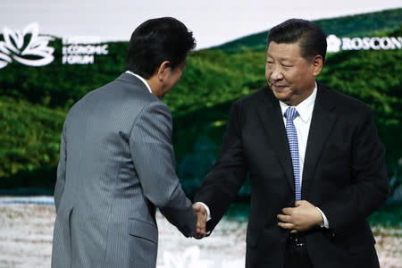 Japanese Prime Minister Shinzo Abe (L) shakes hands with Chinese President Xi Jinping during a session of the Eastern Economic Forum in Vladivostok, Russia September 12, 2018. Valery Sharifulin/TASS Host Photo Agency/Pool via REUTERS