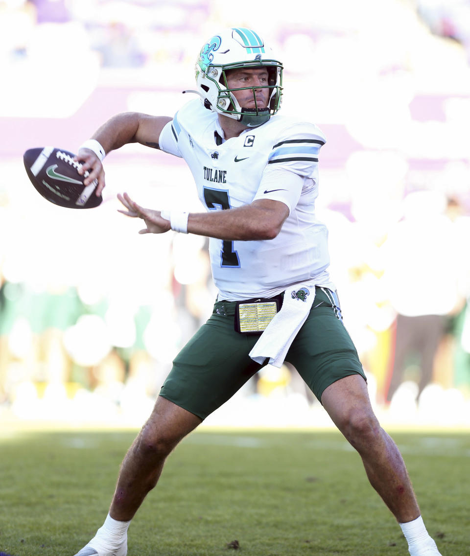 Tulane's Michael Pratt (7) looks to pass against East Carolina during an NCAA college football game on Saturday, Nov. 4, 2023, in Greenville N.C. (Scott Davis/News & Record via AP)