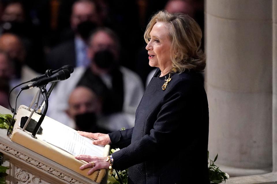 Former Secretary of State Hillary Clinton speaks during the funeral service for former Secretary of State Madeleine Albright at the Washington National Cathedral, Wednesday, April 27, 2022, in Washington. (AP Photo/Evan Vucci) ORG XMIT: DCEV250