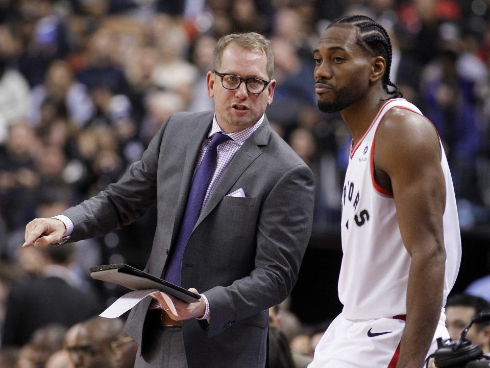 Toronto Raptors head coach Nick Nurse expects Kawhi Leonard to take his game to another level in the playoffs. (John E. Sokolowski-USA TODAY Sports)