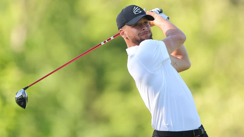 Curry plays his shot from the fifth tee during the Golden Bear Pro-Am prior to the Memorial Tournament at Muirfield Village Golf Club on May 31, 2023. - Michael Reaves/Getty Images