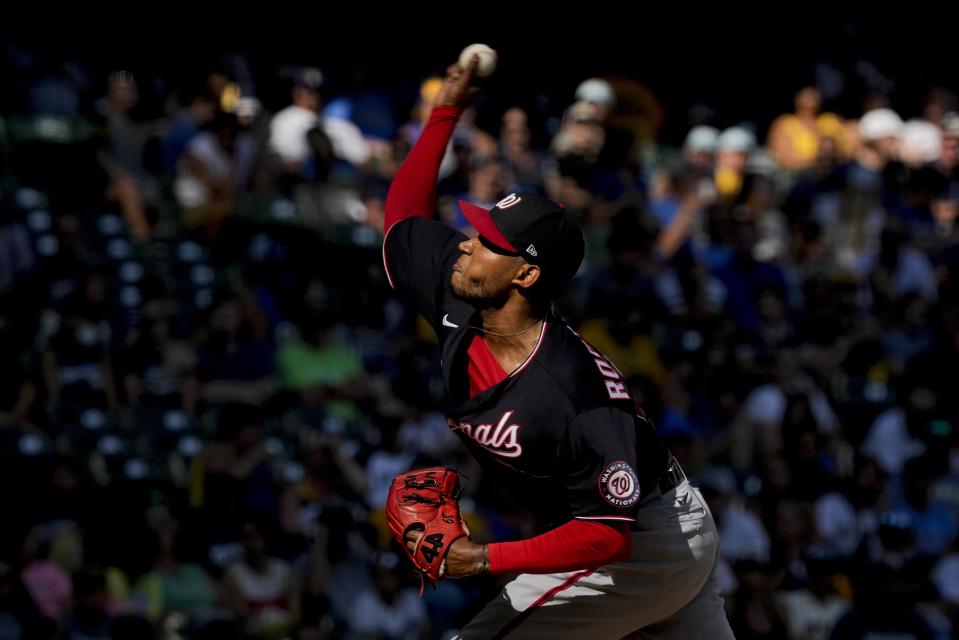 Washington Nationals relief pitcher Jefry Rodriguez throws during the seventh inning of a baseball game against the Milwaukee Brewers Sunday, Aug. 22, 2021, in Milwaukee. (AP Photo/Morry Gash)