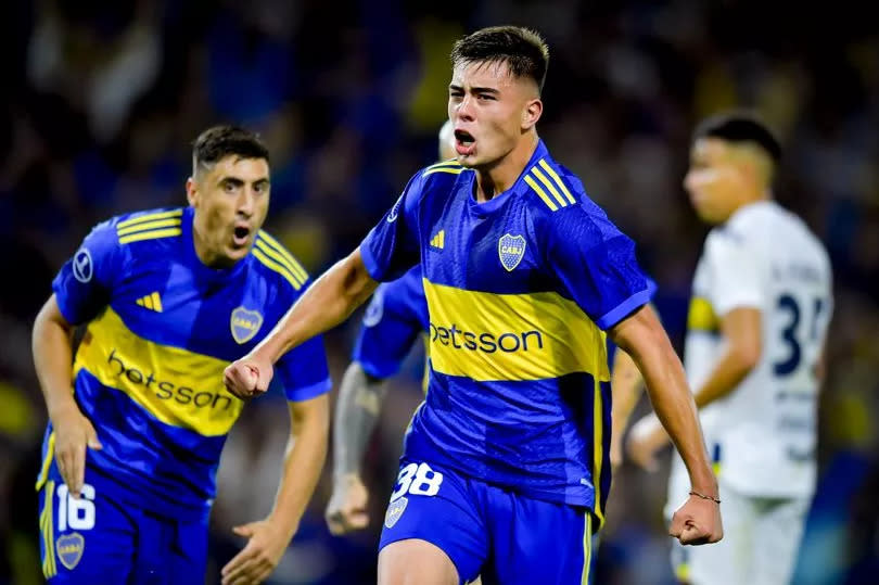 Aaron Anselmino celebrates scoring for Boca Juniors