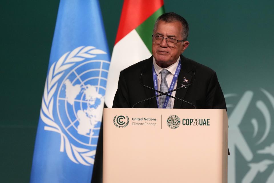John M. Silk, Marshall Islands natural resources and commerce minister, speaks during a plenary session at the COP28 U.N. Climate Summit, Saturday, Dec. 9, 2023, in Dubai, United Arab Emirates. (AP Photo/Kamran Jebreili)