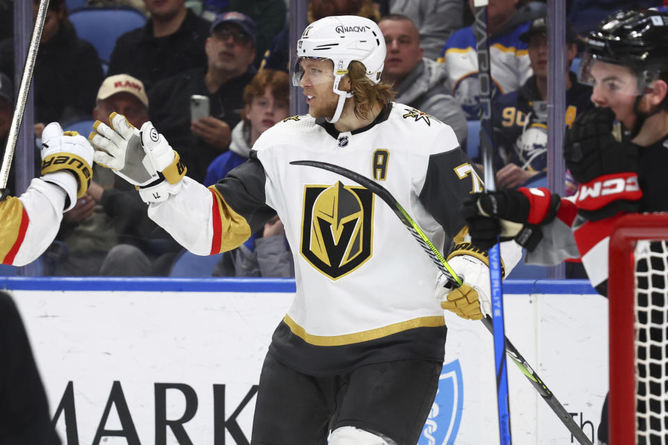 Vegas Golden Knights center William Karlsson (71) celebrates his goal during the second period of an NHL hockey game against the Buffalo Sabres Saturday, March 2, 2024, in Buffalo, N.Y. (AP Photo/Jeffrey T. Barnes)