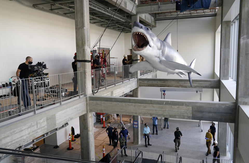 A fiberglass replica of Bruce, the shark featured in Steven Spielberg's classic 1975 film "Jaws," is lifted into a suspended position for display at the new Academy of Museum of Motion Pictures, Friday, Nov. 20, 2020, in Los Angeles. The museum celebrating the art and science of movies is scheduled to open on April 30, 2021. (AP Photo/Chris Pizzello)