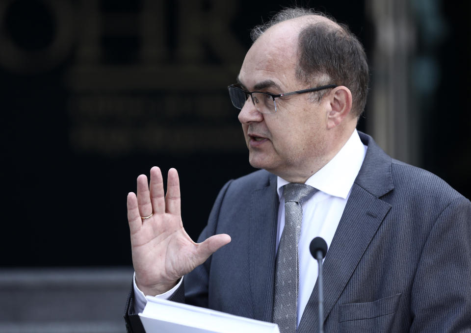 Christian Schmidt, new head of Bosnia's Office of the High Representative, or OHR, speaks during a ceremony in the capital Sarajevo, Bosnia, Monday, Aug. 2, 2021. Schmidt on Monday took office as the top international official in Bosnia, amid tensions with the country's Serbs who have rejected both his appointment and a ban on genocide denial brought by his predecessor. (AP Photo)