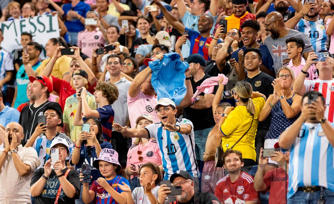 Fans cheer after Inter Miami forward Lionel Messi (10) scored a goal against New York Red Bulls in the second half of an MLS match at Red Bull Arena on Saturday, Aug. 26, 2023, in Harrison, N.J.