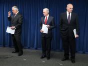 Attorney General Jeff Sessions (C), Secretary of Homeland Security John Kelly (R) and Secretary of State Rex Tillerson (L) take part in speak about issues related to a reconstituted travel ban at US Customs and Borders Protection March 6, 2017