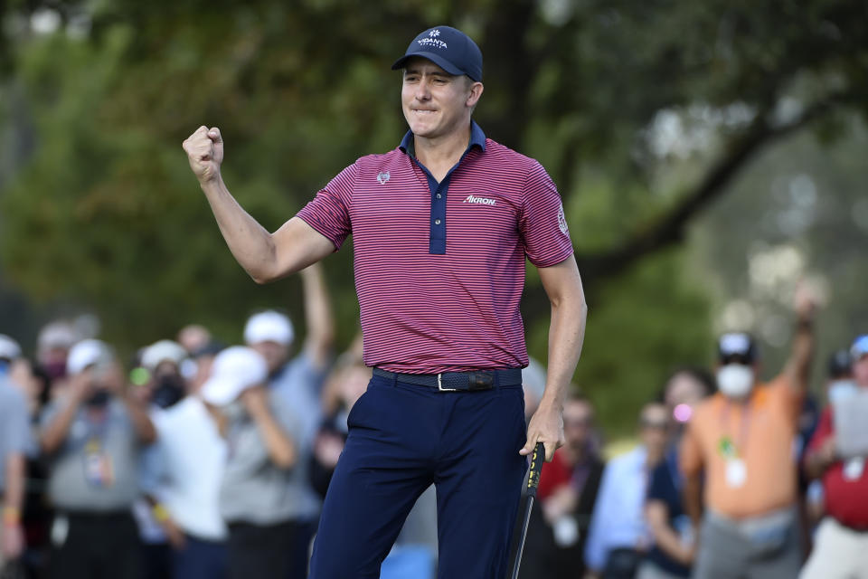 Carlos Ortiz reacts after making birdie on the 18th hole and winning the Houston Open golf tournament, Sunday, Nov. 8, 2020, in Houston. (AP Photo/Eric Christian Smith)