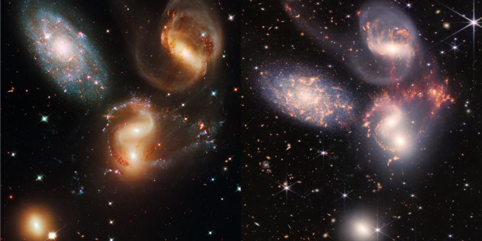 cluster of five galaxes stephans quintet imaged by hubble on the left and jwst on the right