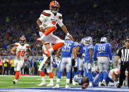 <p>Quarterback DeShone Kizer #7 of the Cleveland Browns celebrates his touchdown against the Detroit Lions during the third quarter at Ford Field on November 12, 2017 in Detroit, Michigan. (Photo by Gregory Shamus/Getty Images) </p>