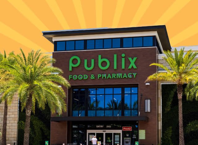 The storefront of a Publix supermarket set against a colorful background