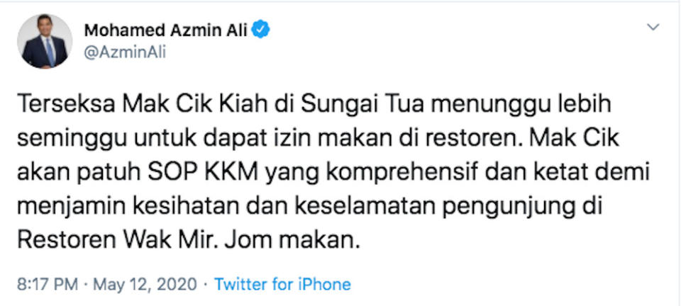 A screengrab of Datuk Seri Mohamed Azmin Ali’s tweet earlier. — Picture from Twitter/Azmin Ali