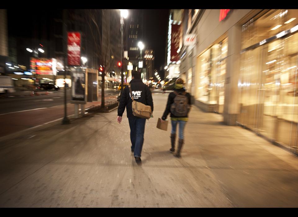 Joe Hallmark, left along with Victoria Muhl walk the streets of New York during a homeless count of the Murray Hill area of Manhattan. The New York City Department of Homeless Services assisted by volunteers put on a homeless count in the borough of Manhattan's Murray Hill neighborhood Jan. 30, 2012. (Damon Dahlen, AOL)