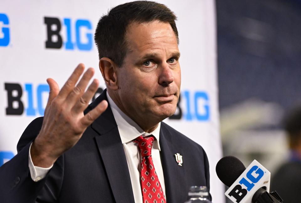 July 25, 2024;  Indianapolis, IN, USA;  Indiana Hoosiers coach Curt Cignetti speaks to the media during Big 10 Football Media Day at Lucas Oil Stadium.  Mandatory Credit: Robert Goddin-USA TODAY Sports