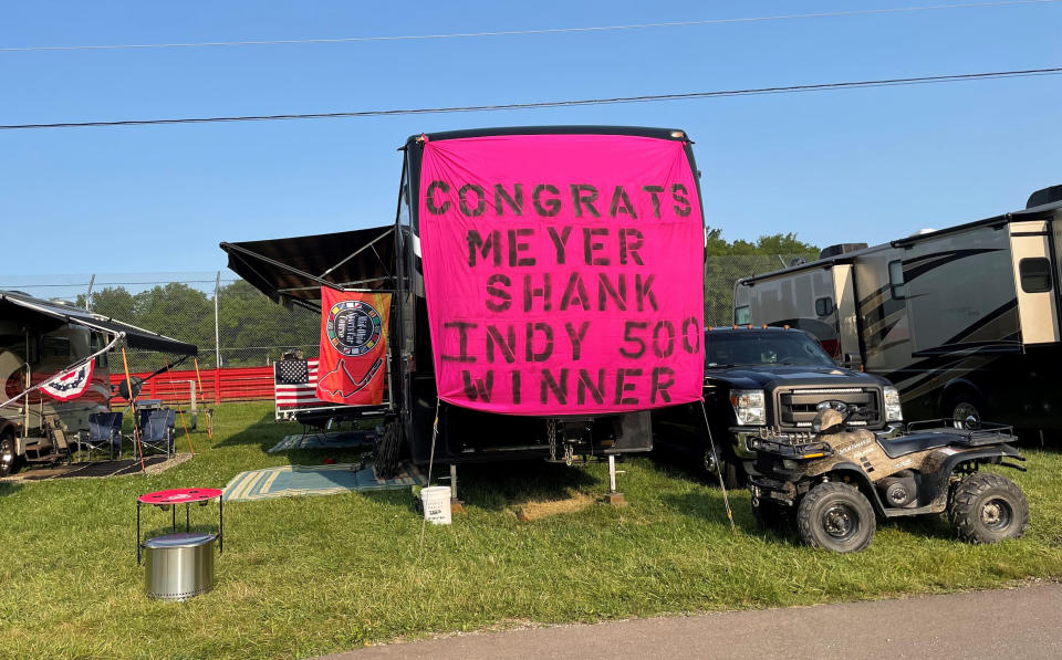 Race fans decorated their camp site at Mid-Ohio Sports Car Course to congratulate local IndyCar owner Michael Shank on winning the Indianapolis 500, Saturday, July 3, 2021 in Lexington, Ohio. Shank’s team is based 50 miles away from the race track in Pataskala and considers Mid-Ohio his home track. Mid-Ohio is hosting IndyCar on the Fourth of July for the first time in track history. (AP Photo/Jenna Fryer)