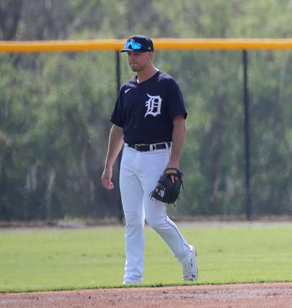 Detroit Tigers infielder Kody Clemens during drills Wednesday, Feb. 24, 2021 on the Tiger Town practice fields in Lakeland, Fla.