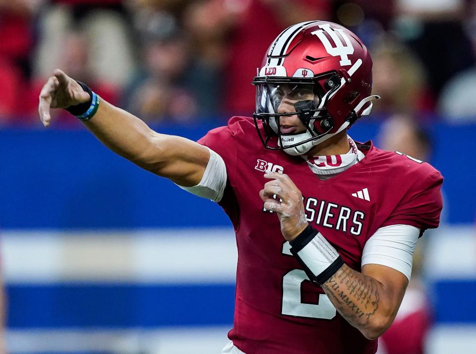 Indiana Hoosiers quarterback Tayven Jackson (2) throws the ball Saturday, Sept. 16, 2023, during the game against the Louisville Cardinals at Lucas Oil Stadium in Indianapolis. The Louisville Cardinals lead at the half against the against the Indiana Hoosiers, 21-0.