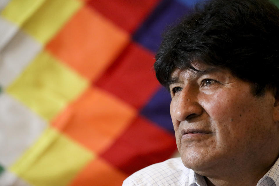 Bolivia's former President Evo Morales attends a meeting with members of his political party, the Movement Towards Socialism Party (MAS), in Buenos Aires, Argentina, Monday, Feb. 17, 2020. Bolivia will hold elections on May 3. (AP Photo/Natacha Pisarenko)