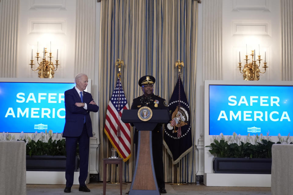 President Joe Biden listens as Detroit Police Chief James E. White speaks as Biden meets with law enforcement officials in the State Dining Room of the White House in Washington, Wednesday, Feb. 28, 2024. (AP Photo/Andrew Harnik)