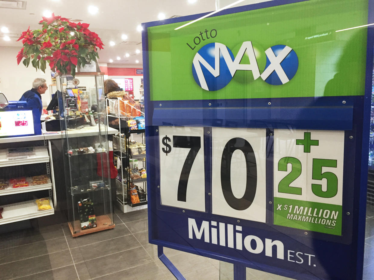 Sign seen in a shop as the largest lottery jackpot in Canadian history is up for grabs on January 07, 2020. The Lotto Max jackpot is worth $70 million.  (Photo by Creative Touch Imaging Ltd./NurPhoto via Getty Images)