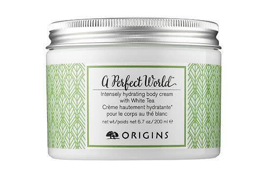 This super-lightweight, yet intensely hydrating cream was created with a blend of essential oils and shea butter to soften skin. Plus, the white-tea extract helps skin look younger by neutralizing any damaging free radicals in the air. Origins A Perfect World Intensely Hydrating Body Cream with White Tea, $34, available at Sephora.