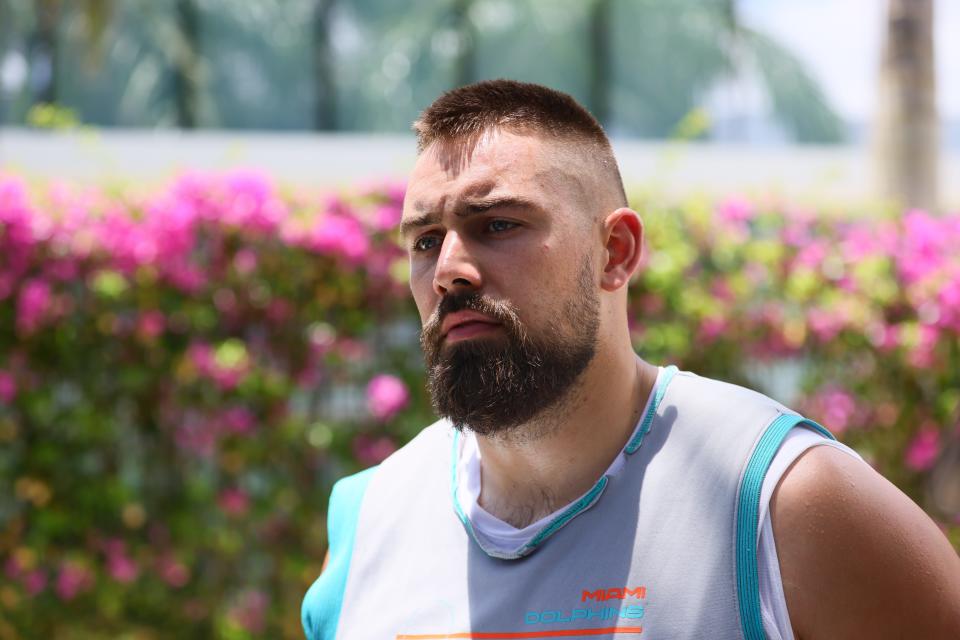 Jun 5, 2024; Miami Gardens, FL, USA; Miami Dolphins defensive tackle Zach Sieler (92) speaks to reporters during mandatory minicamp at Baptist Health Training Complex. Mandatory Credit: Sam Navarro-USA TODAY Sports