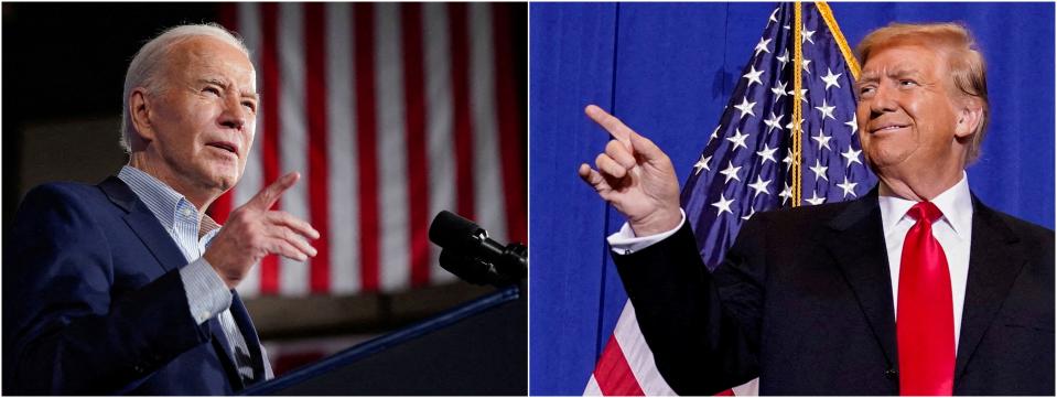 Combination picture showing U.S. President Joe Biden in Las Vegas, Nevada, on March 19, 2024, and former U.S. President Donald Trump in Atkinson, New Hampshire, on January 16, 2024.