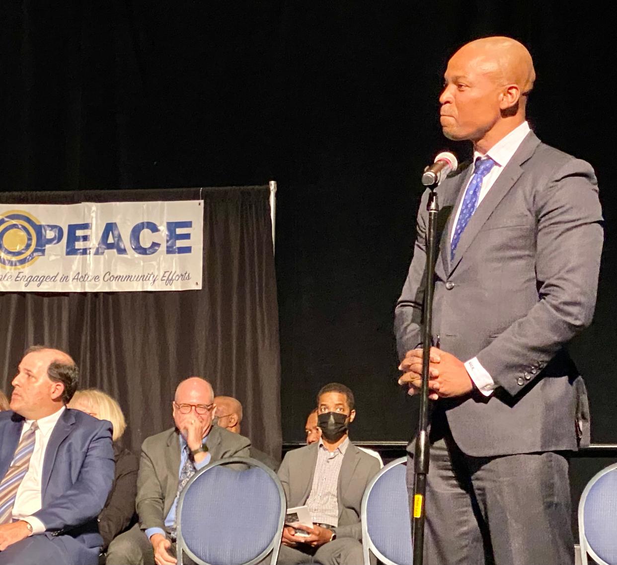 Palm Beach County Commissioner Mack Bernard answers questions at PEACE's Nehemiah Action Assembly at the Palm Beach County Convention Center on Monday night.