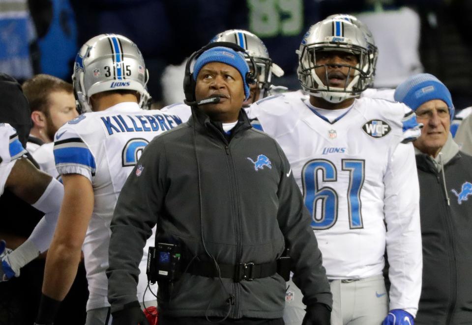 Jim Caldwell looks toward the scoreboard in the second half of the Lions' 26-6 loss in the NFC wild-card playoff game against the Seahawks on Saturday, Jan. 7, 2017 in Seattle. The Seahawks were the last NFC team to win their playoff opener as a No. 3 seed.