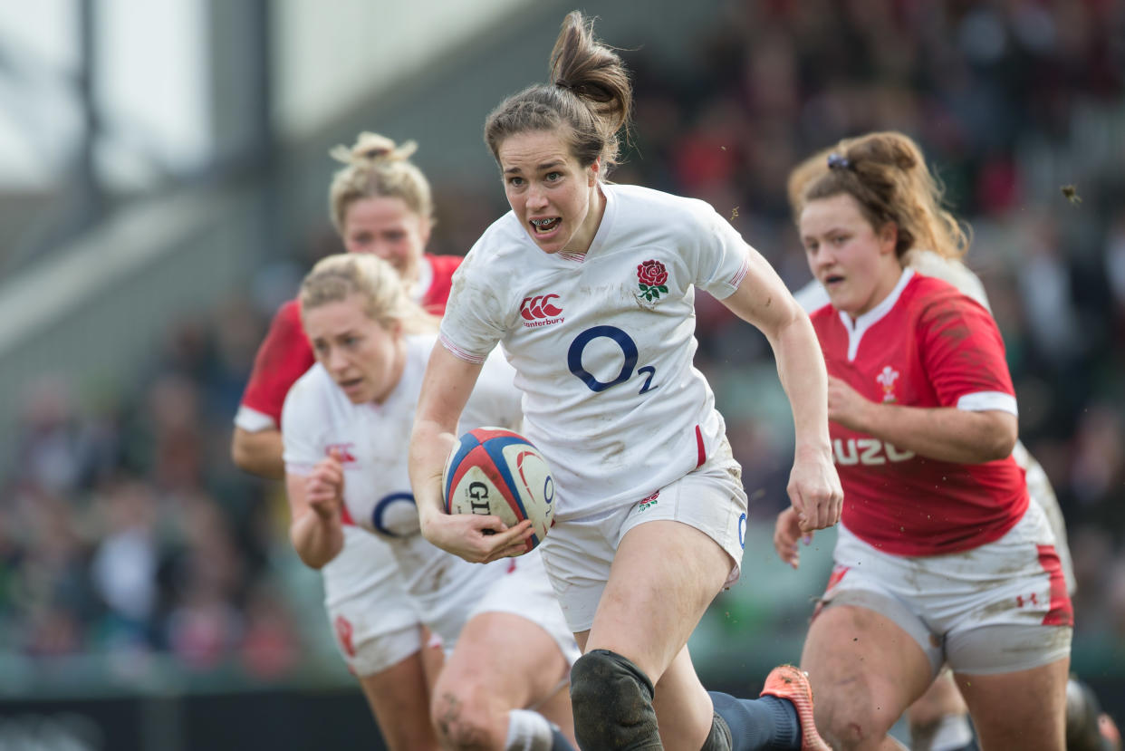 Emily Scarratt, pictured in her last game before sport's temporary hiatus, is embracing lockdown after the cancellation of the season due to the Covid-19 pandemic