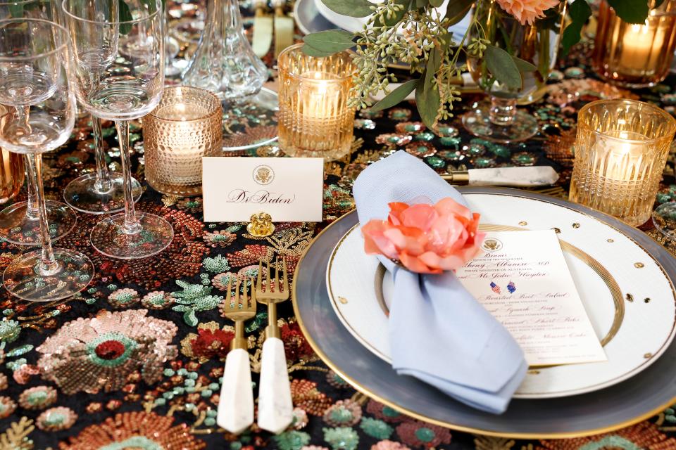 Place settings for an official State Dinner at the White House for Australian Prime Minister Anthony Albanese.