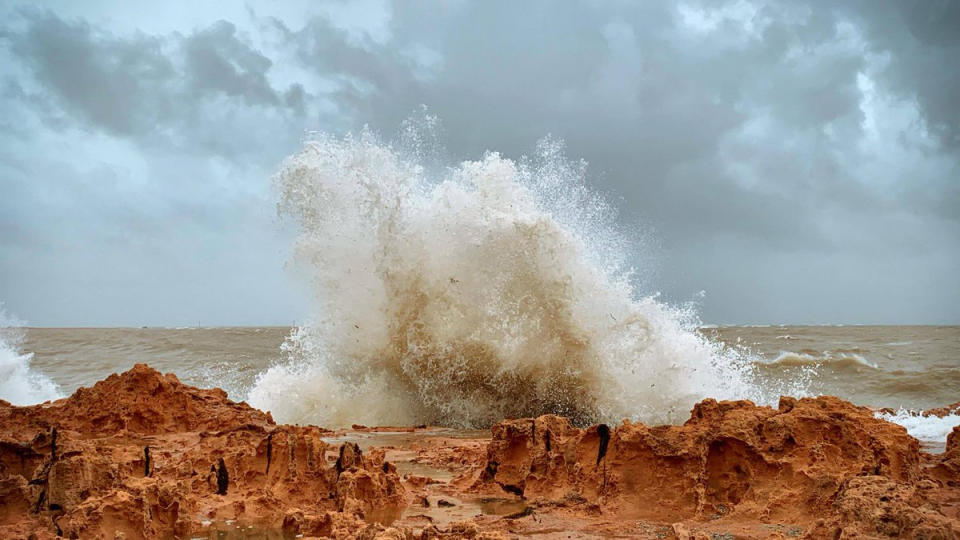 Dramatic waves rages when Tropical Cyclone Veronica hit the WA coast. Source: Paige Simmons