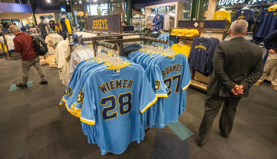 Team souvenirs are previewed as the Milwaukee Brewers unveiled two new scoreboards Monday at American Family Field in Milwaukee.