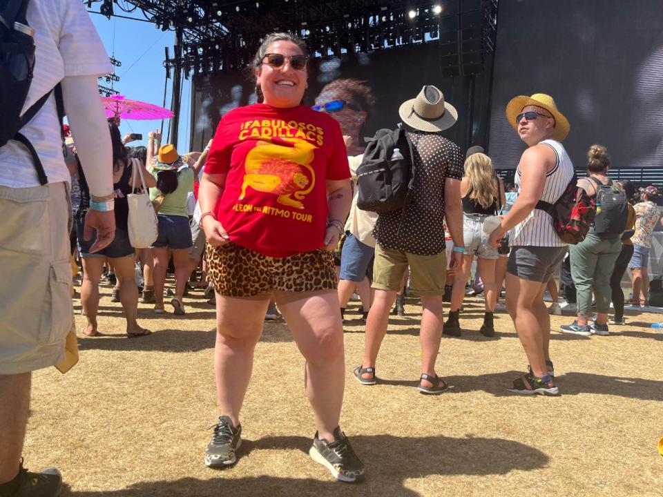 Paulina Mandujano poses amid Los Fabulosos Cadillacs' show on the Outdoor Theatre at the Coachella Valley Music and Arts Festival on April 23, 2023 in Indio, Calif. She traveled from Mexico to see the band.