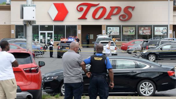 PHOTO: In this May 14, 2022, file photo, Buffalo Police are shown on the scene at a Tops Friendly Market following a mass shooting in Buffalo, N.Y (John Normile/Getty Images, File)