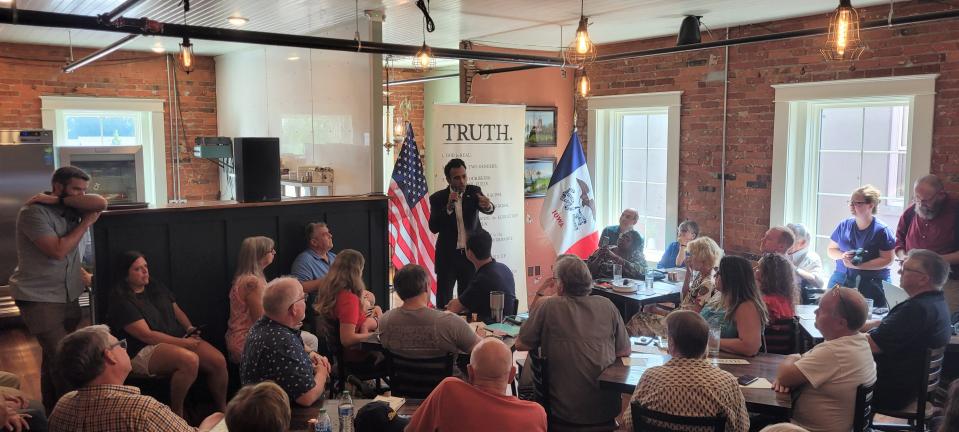 GOP Presidential Candidate Vivek Ramaswamy meets with prospective Iowa caucusgoers in Pella, Iowa on Friday, Aug. 25, 2023.