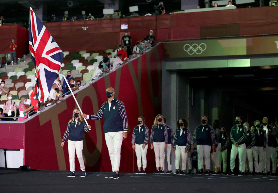 <p>Great Britain went casual with white trousers and red, white and blue striped sweat jackets.</p>