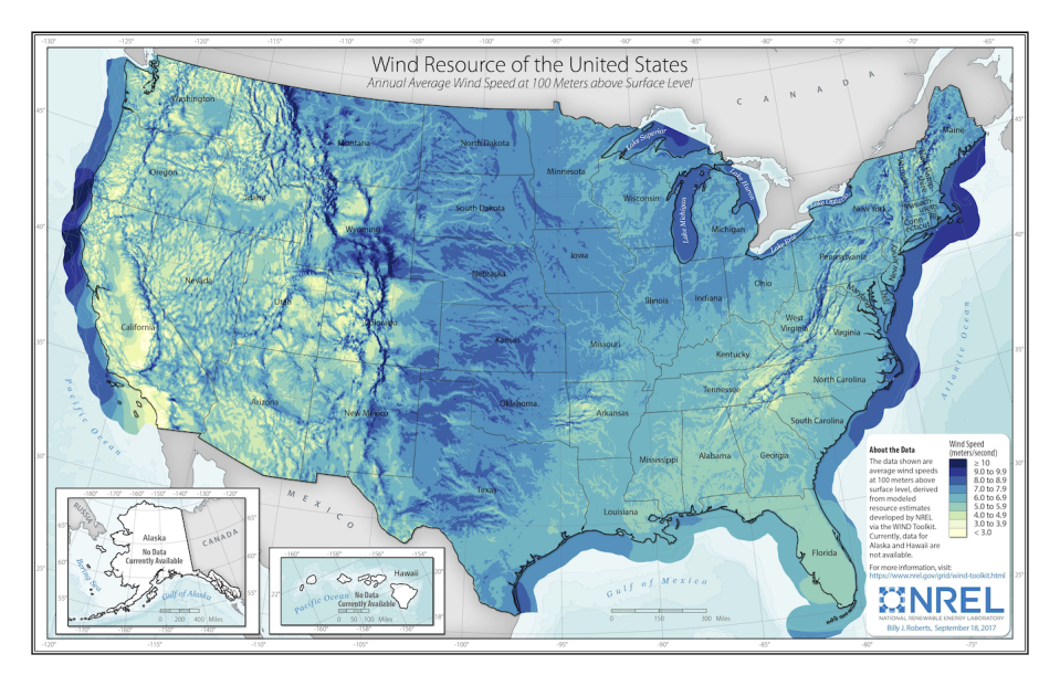 Many of the best U.S. land-based wind generating areas (dark blue zones) are far from coastal population centers, but those cities could be served by offshore wind farms. <a href="https://upload.wikimedia.org/wikipedia/commons/5/53/U.S._Wind_Power_Resource_at_100-meter_Hub_Height.pdf" rel="nofollow noopener" target="_blank" data-ylk="slk:NREL;elm:context_link;itc:0;sec:content-canvas" class="link ">NREL</a>