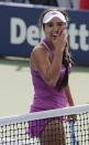 Maria Camila Osorio Serrano, of Colombia, left, reacts after defeating Alexandra Yepinfanova, of the United States, during the junior girl's singles final of the U.S. Open tennis championships Sunday, Sept. 8, 2019, in New York. (AP Photo/Charles Krupa)