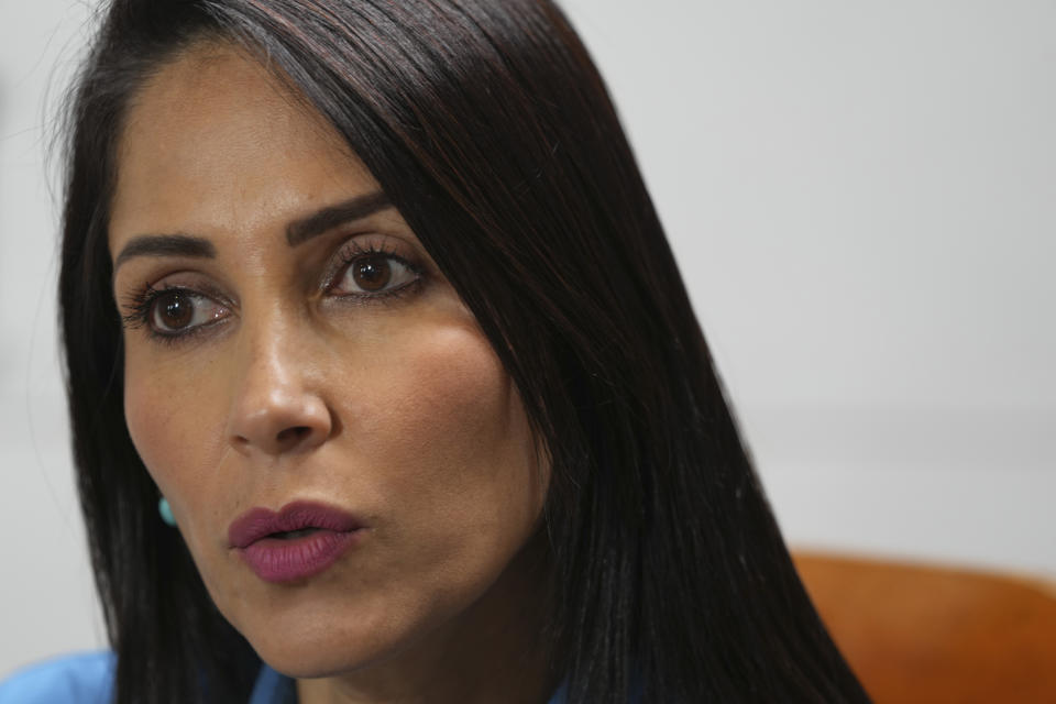 Luisa Gonzalez, presidential candidate with the Citizen´s Revolution Movement speaks during an interview with Associated Press, ahead of this Sunday's special election in Quito, Ecuador, Monday, Aug. 14, 2023. (AP Photo/Dolores Ochoa)