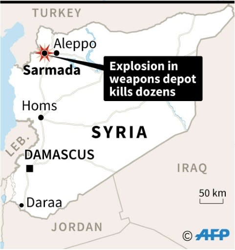 Map locating the town of Sarmada in northern Syria where dozens, including children, were killed Sunday in an explosion at a weapons depot