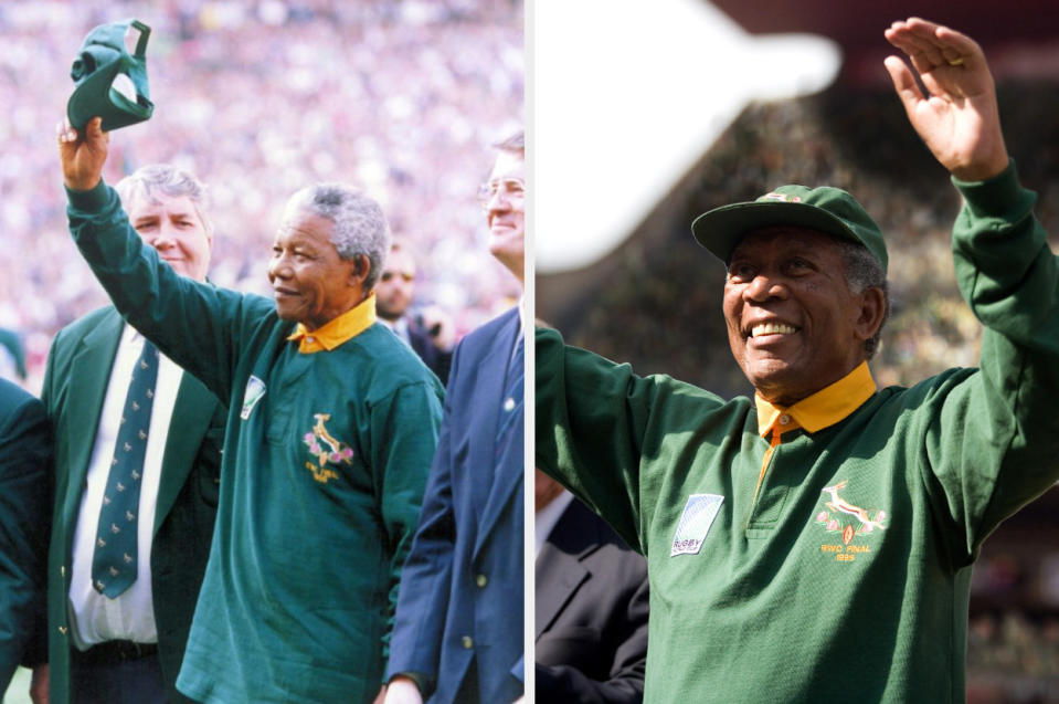 The two Mandelas side-by-side, waving to rugby fans