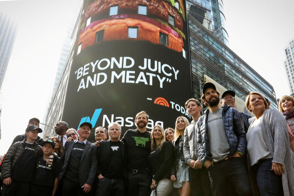 Ethan Brown, founder and CEO of Beyond Meat, poses with company executives and guests during the company's IPO at the Nasdaq Market site in New York, U.S., May 2, 2019. REUTERS/Brendan McDermid