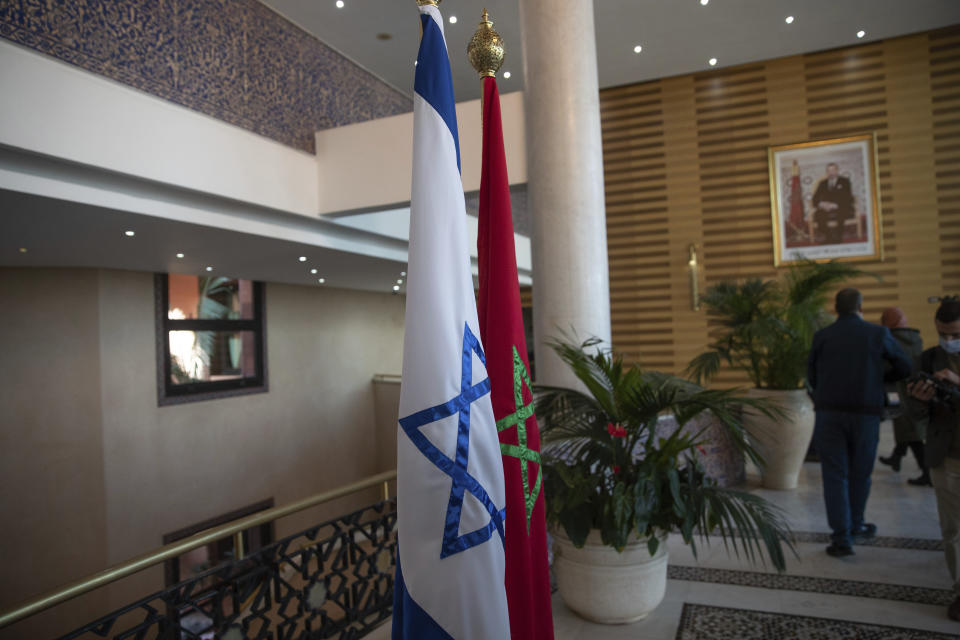 Morocco and Israeli flags are displayed during a visit by Israeli Defence Minister Benny Gantz to Morocco's Foreign Ministry, in Rabat, Morocco, Wednesday, Nov. 24, 2021. Israel and Morocco signed a landmark agreement Wednesday that lays the foundation for security cooperation, intelligence sharing, and future arms sales. (AP Photo/Mosa'ab Elshamy)