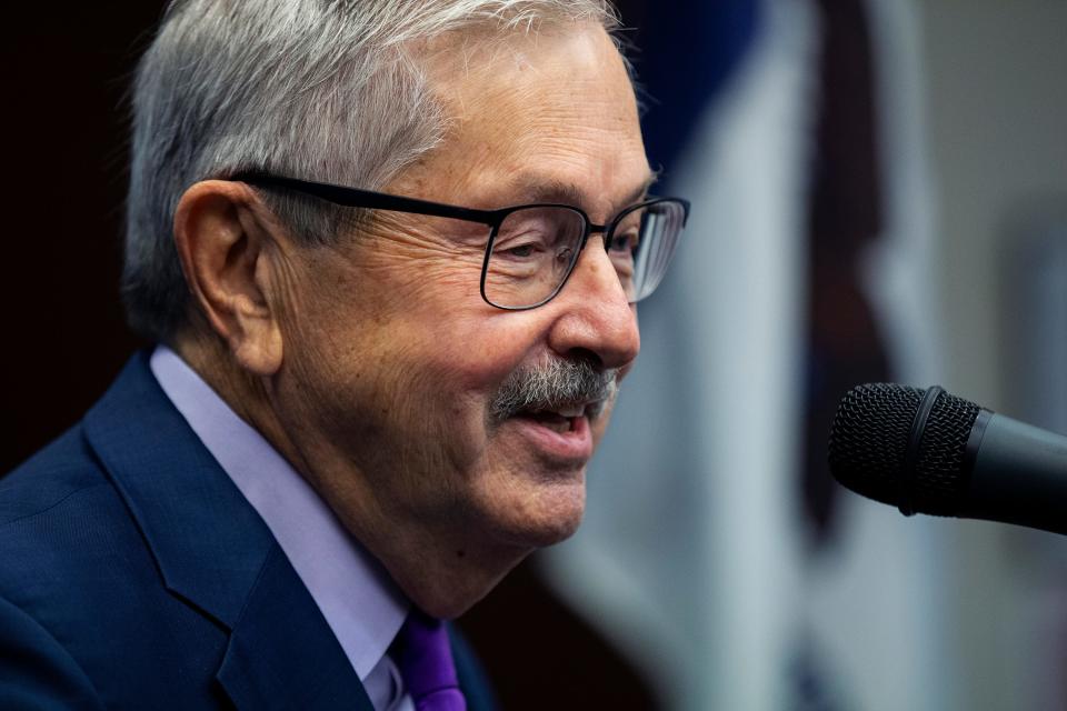 Terry Branstad, former United States ambassador to China and former governor of Iowa, speaks at a news conference announcing his new position as ambassador-in-residence at Drake University's law school, on Wednesday, Nov. 17, 2021, in Des Moines. 