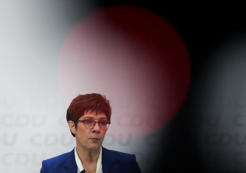 Christian Democratic Union party (CDU) chairwoman and Defense Minister Annegret Kramp-Karrenbauer speaks during a press conference in Berlin, Germany, Monday, Feb. 10, 2020. Angela Merkel's designated successor Annegret Kramp-Karrenbauer will quit her role as head of the Germany's strongest party in summer and won't stand for the chancellorship.(AP Photo/Markus Schreiber)